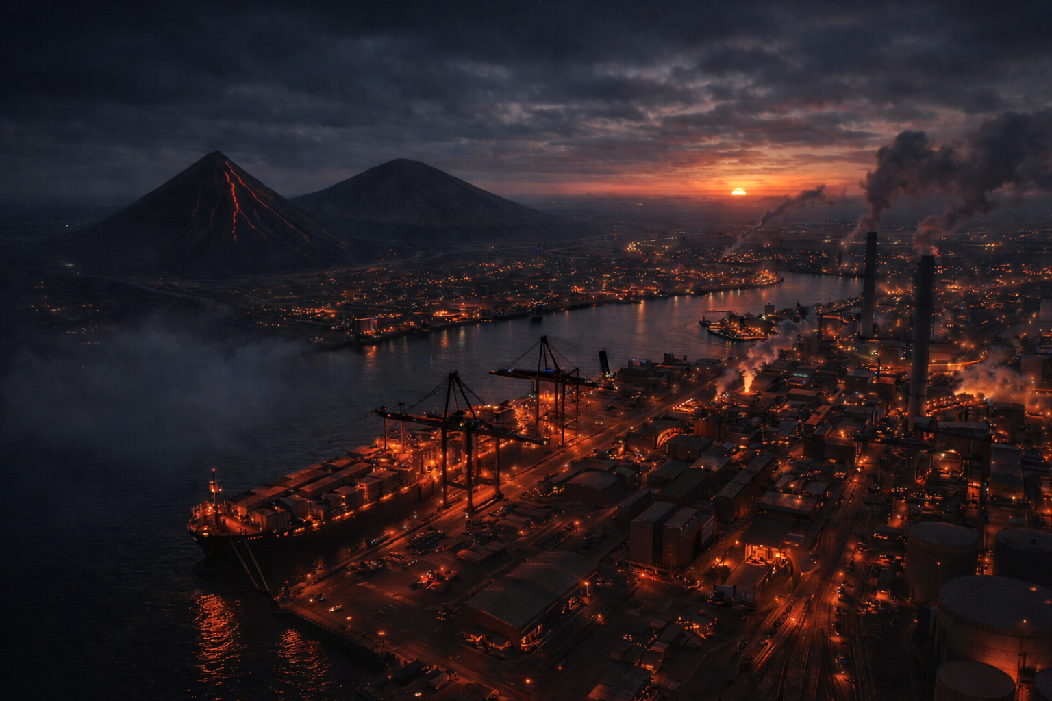 Paysage industriel et portuaire à la lumière rouge